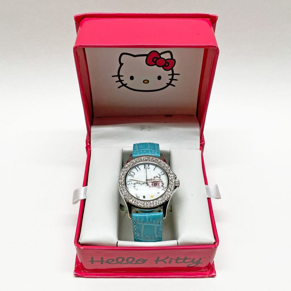 Sanrio Hello Kitty Silver Tone Rhinestone Watch with Blue Strap in Gift Box